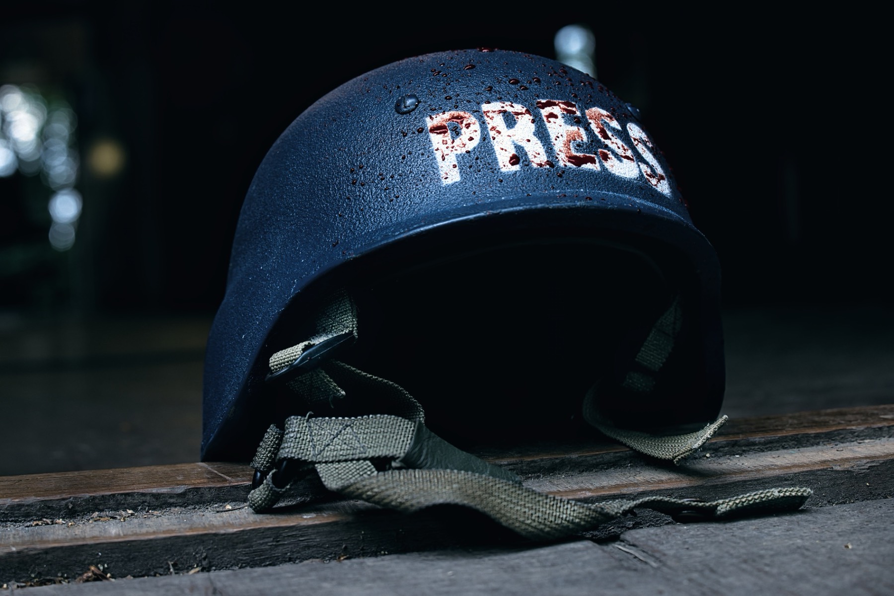 Press helmet detail with blood simulation